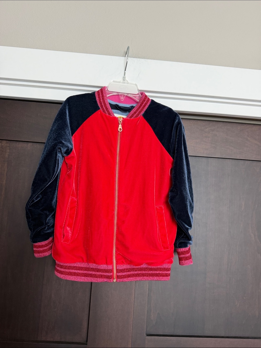 Boden Girls Velvet Bomber Jacket Red and Navy Blue 6-7 Years